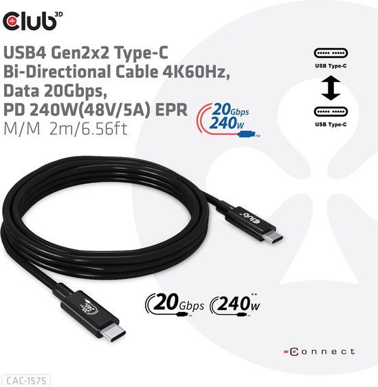 CLUB3D USB4 Gen2x2 Type-C Bi-Directional Cable - 2m - 4K60Hz - 20Gbps - 240W - Black
