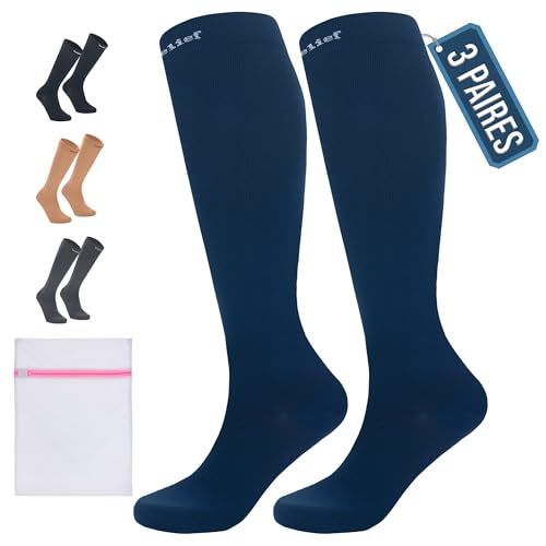 360 Relief Compressiekousen - Effen gekleurde compressiekousen voor dames en heren - Ideaal voor vluchten, reizen en sport - met netwaszak, 3 paar blauw, XXL