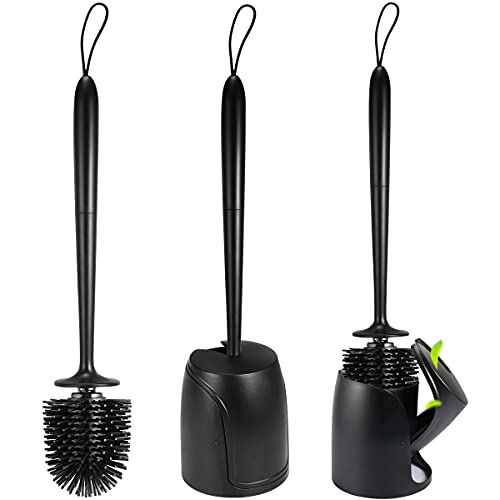 Braoses toiletborstel met houder Siliconen toiletborstelset Toiletborstel met lange steel en automatisch sluitende houderset voor badkamer of gast (zwart)