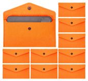 Lot de 10 portefeuilles en feutre avec bouton, couleur orange, dimensions 190 x 100 mm