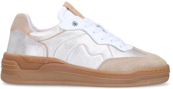 Manfield - Dames - Zilveren leren sneakers met beige suède details - Maat 39