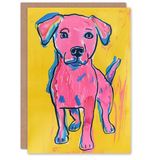 Artery8 Cute Puppy Pop Art Pink Yellow Blue Dog Lover Blank For Him Or Her Art Birthday Card