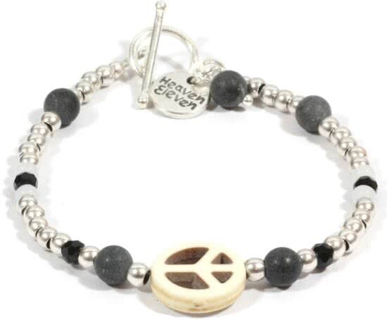 Heaven Eleven - dames armband - Ibiza - Edelstaal RVS kralen 4mm - Onyx matte - Wit peace - 18cm voor andere maten zie omschrijving