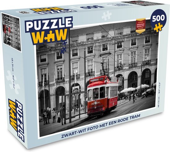 MuchoWow Puzzel Zwart-wit foto met een rode tram - Legpuzzel - Puzzel 500 stukjes - Sinterklaas cadeautjes - Sinterklaas voor grote kinderen