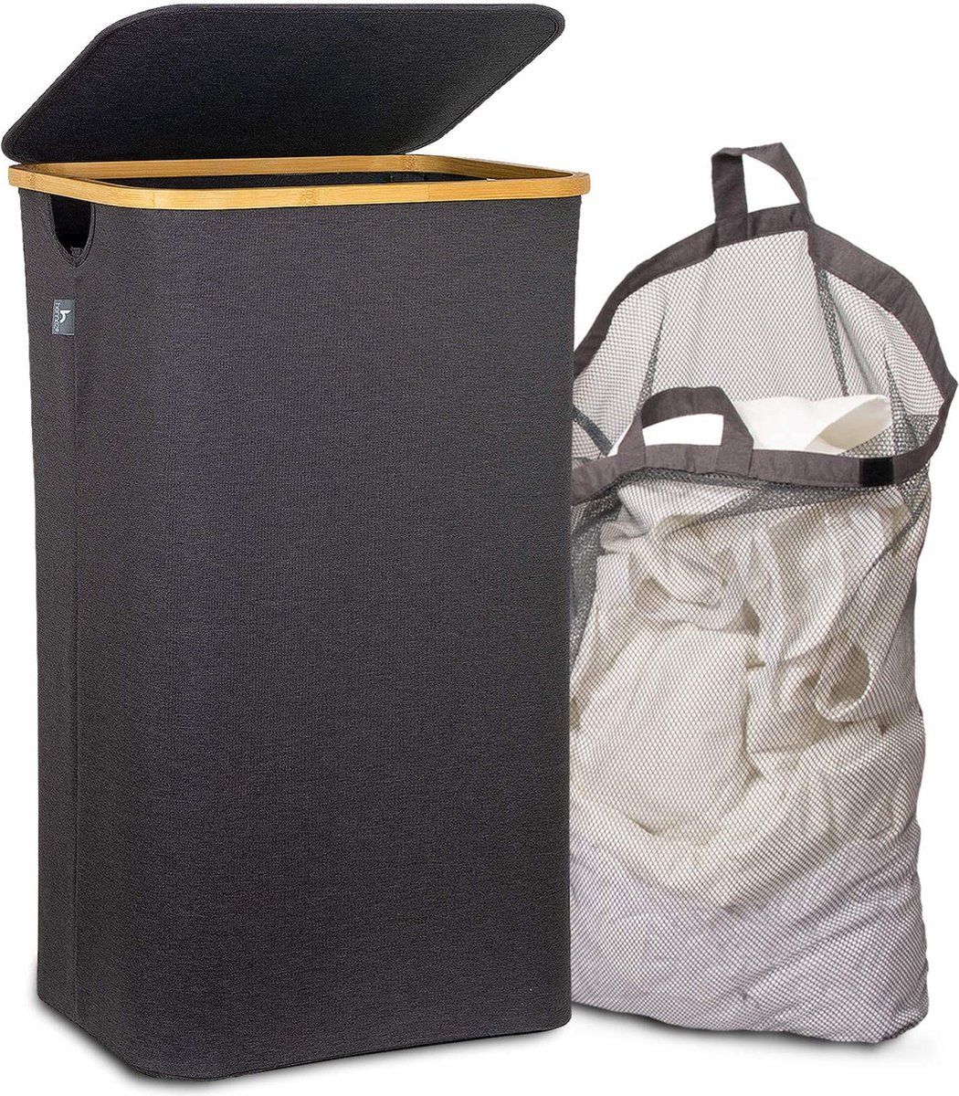 Hennez wasmand met deksel VERWISSELBARE waszak, Bamboe wasmand wasgoed sorteermachine wasgoed kist wasgoed doos grote wasmand opvouwbare wasmanden 100L DARK GREY