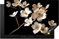 Merkloos KitchenYeah® Inductie beschermer 83x52 cm - Zwart - Bloemen - Wit - Inductie kookplaat accessoire