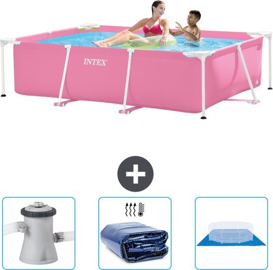 Intex Rechthoekig Frame Zwembad - 220 x 150 x 60 cm - Roze - Familiebad - Inclusief Filterpomp, Solarzeil & Grondzeil