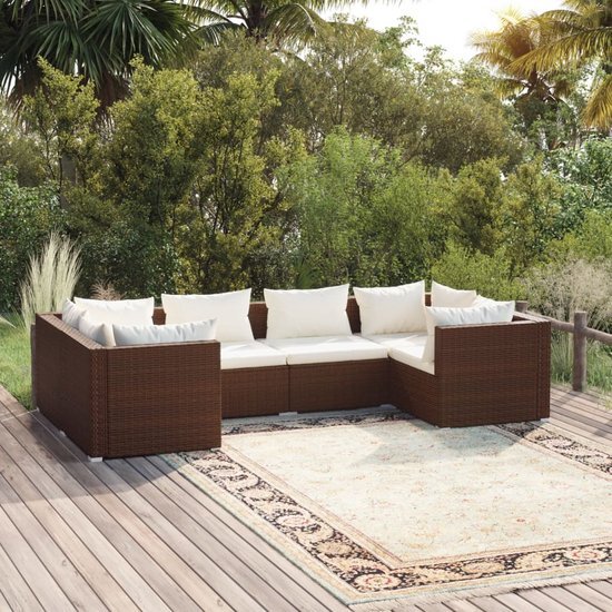 The Living Store 6-delige Loungeset met kussens poly rattan bruin - Tuinset