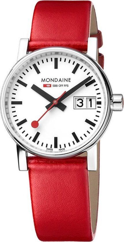 Mondaine Evo2 30 mm Dames Horloge - Zilverkleurig - Wit - Rood Leer - Saffierglas