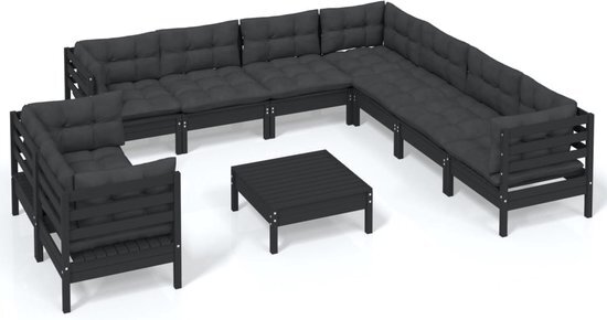 vidaXL 10-delige Loungeset met kussens massief grenenhout zwart