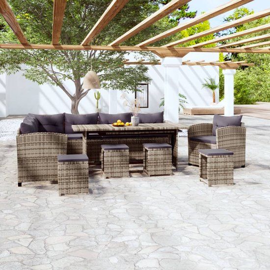 The Living Store L-Shaped Grey Rattan Outdoor Lounge Set with Cushions - 230x175x71.5cm