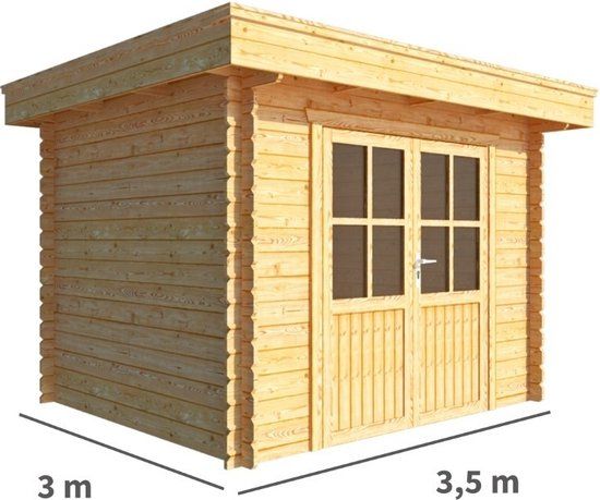Merkloos Tuinhuisje Blokhut Lisa 350 cm bij 300 cm diep Plat dak bruin