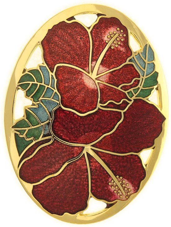 Behave® Broche ovaal met bloemen rood - emaille - 5 cm - dames