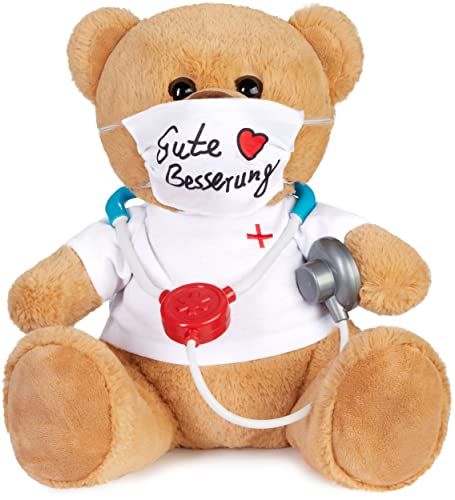 BRUBAKER Teddybeer met Masker en Stethoscoop - Gute Besserung Duits - 35 cm - Teddybeer met Doktershemd Wit - Pluche Knuffel - Bruin Lichtbruin
