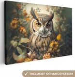 OneMillionCanvasses Canvas schilderij 140x90 cm - Uil - Vogels - Bloemen - Natuur - Wanddecoratie