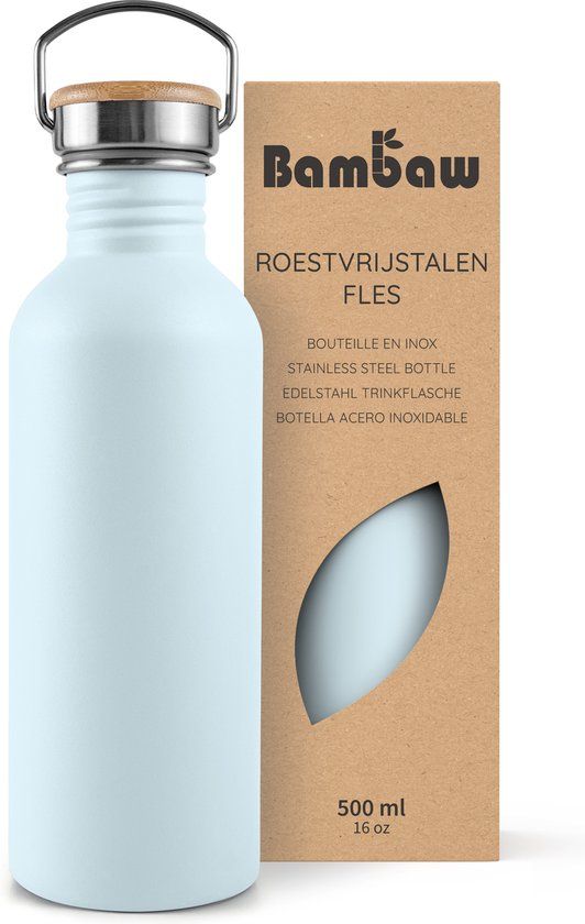 Bambaw® Waterfles 500ml - Enkelwandige drinkfles - Lekvrij, Plasticvrij met Bamboe Dop - Waterflessen Volwassenen - Waterfles RVS - Lichtblauw