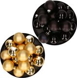 Decoris Kerstversiering kunststof kerstballen kleuren mix goud/zwart 4 en 6 cm pakket van 80x stuks