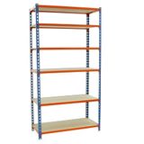 Simon Rack Metalen stelling 2500x900x300 mm - Maderclick | 6 niveaus, Houten legbord, 150 kg buigbelasting, Corrosiewerende coating, Montage met kliksysteem, Blauw/Oranje