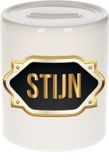 Bellatio Decorations Shoppartners Bv Spaarpot met voornaam Stijn - wit - met goud/zwart embleem - 8 x 9 cm - keramiek - met afsluitdop - cadeau verjaardag