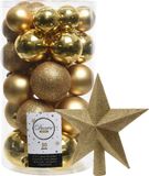 Decoris Boules de Noël 30x Pièces - Or 4/5/6 cm Plastique Mat/Brillant/Paillettes Mixte et Plastique Étoile 19 cm