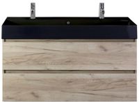 BES LED Maxx XL Badmeubelset 120 cm - Craft Oak - Wastafel Kube Enkel Zwart 2 Kraangaten