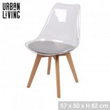 Urban Living Set van 4 "JOY" transparante stoelen met grijs kussen en houten poten 57x50xH82 cm