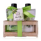 Accentra - doucheset dames cadeauset OLIJF in mooie houten kist - 2-delige verzorgingsset met douchegel en bodylotion - wellness cadeauset voor verjaardagen, Valentijnsdag & Kerst