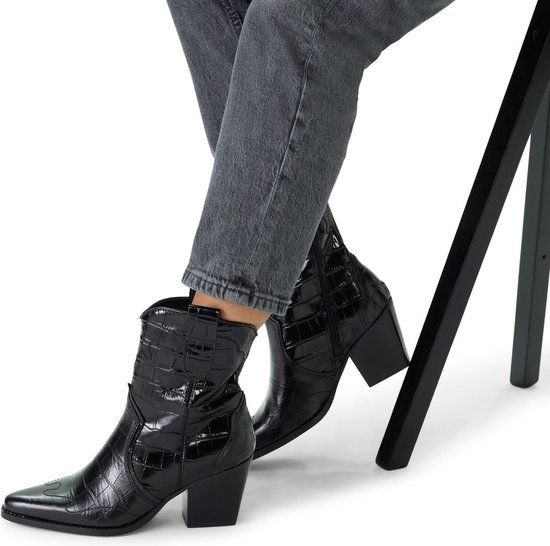 Manfield Dames Zwarte Leren Croco Enkellaarsjes met Hak - Maat 40