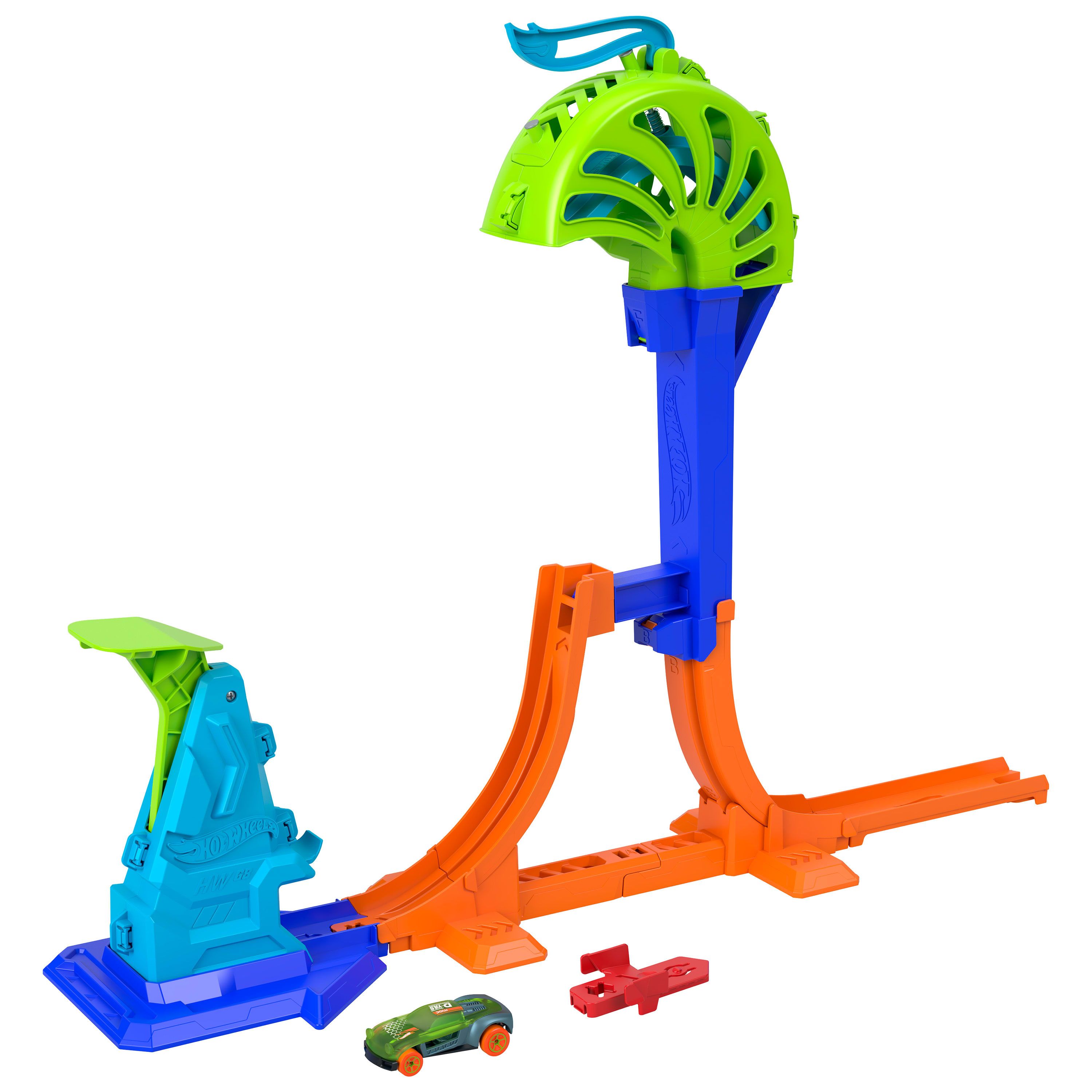 Hot Wheels Stuntbanen Kampioen Powerlancering baanset en metalen speelgoedauto op een schaal van 1:64