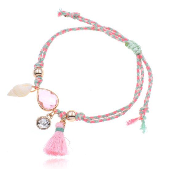Deja Jewels Enkelband roze verstelbaar van touw met schelpje en kristal