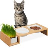 Relaxdays verhoogde voerbak kat, met kattengras bakje, 2 keramische eetbakjes à 400 ml, vaatwasserbestendig, natuur/wit