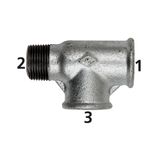 Riegler T-stuk 134, IG/IG/AG, Rp 1/2 i., R 1/2 a., Rp 1/2 i., bedrijfstemperatuur -20 °C tot 300 °C, zwart gehard gietijzer, thermisch verzinkt