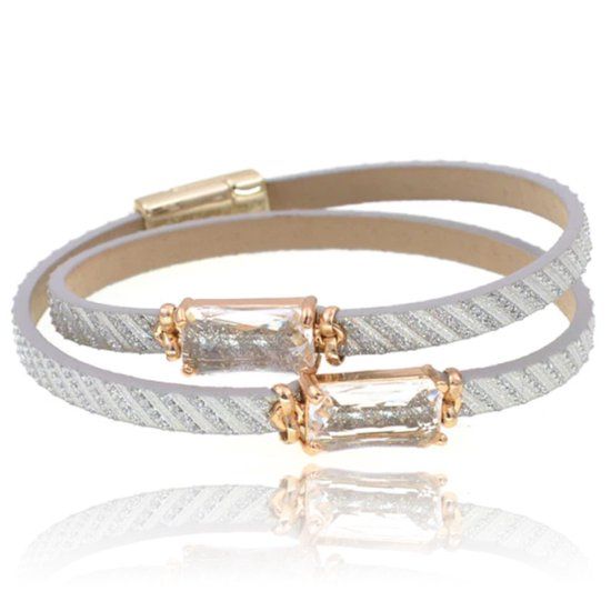 Deja Jewels Leren Boho stijl dames armband in wit en goud met 2 glasstenen