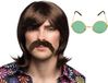 Boland Hippie Sixties verkleedset - Pruik lang haar en plaksnor bruin - bril groen met ronde glazen - heren - Flower Power look