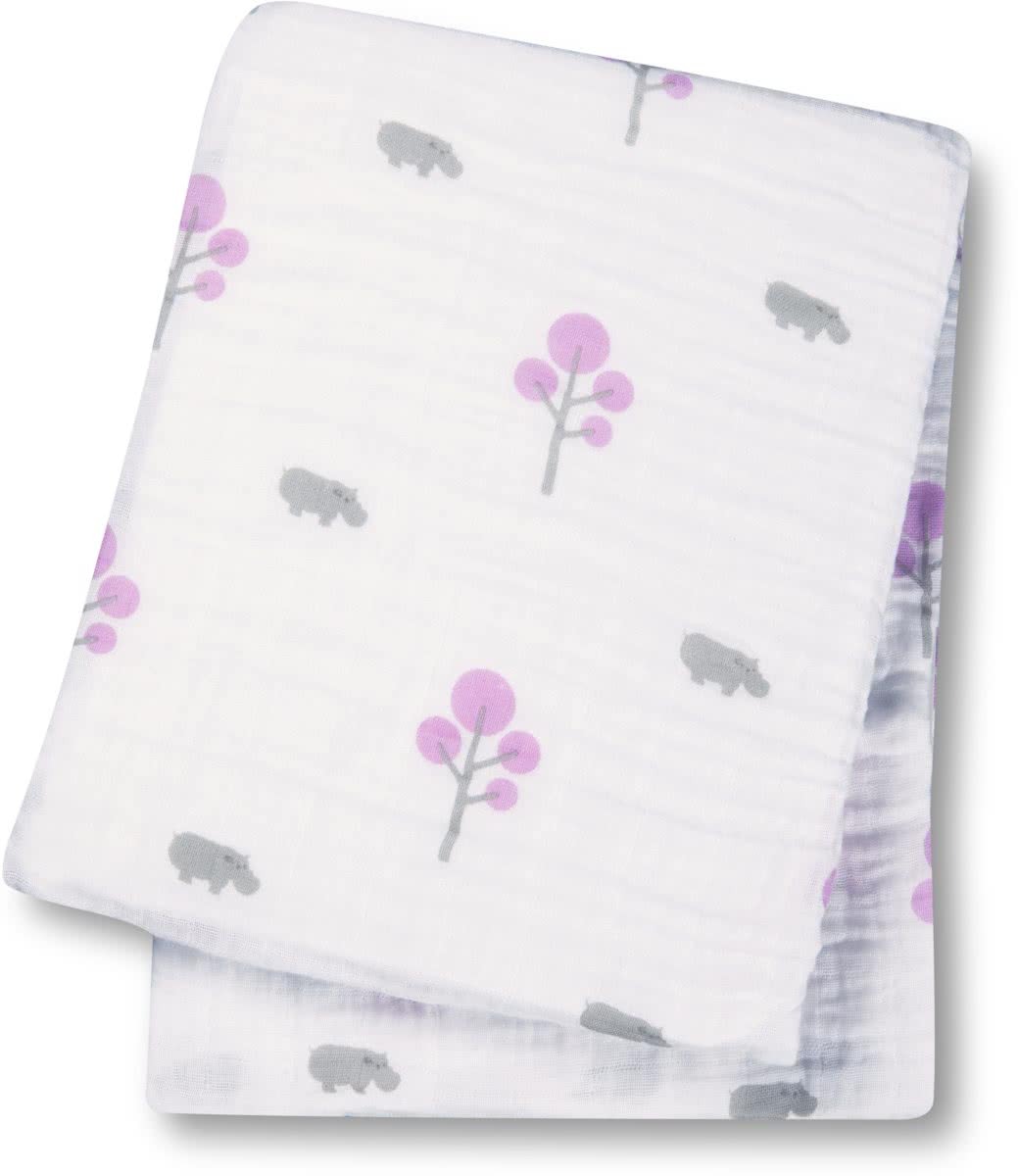 Lulujo swaddle 100% katoen 120x120 cm - Hippos & Pink Tree