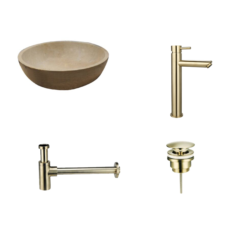 Badkamerplanet Natuurstenen Waskomset Beige Marmer Rond Goud Opbouwkraan 38x38x12 cm