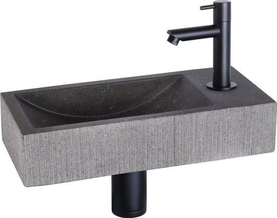 Differnz Ribble Fonteinset - Natuursteen - Bombai Black - Mat Zwart - Rechte Kraan - 38x18x8cm