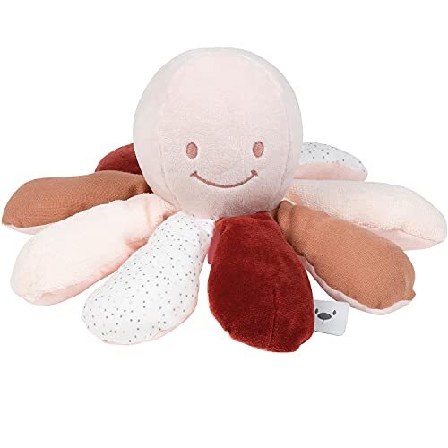 Nattou Actief knuffeldier van katoen en polyester, knuffeldier-octopus met rammelaar en piep, voor pasgeborenen en preventies, ca. 28 cm, lapidou, rood