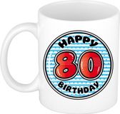 Bellatio Decorations Mok - 80 jaar - blauw - gestreept - 300 ml - keramiek
