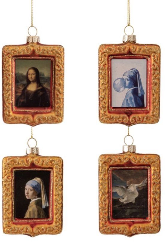 Kunsttegeltje.nl - Kerstballen Set - 4 Stuks - Van Gogh Schilderijtjes - Glas - Iconen - Met Hangers