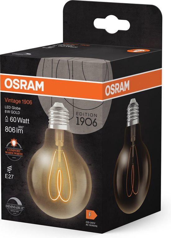 OSRAM Vintage 1906 Globe is a warm white, dimmable LED lamp in a classic ball shape with filament. It offers 8 W for 806 lm, E27 socket, gold-coloured glass, 80-mm diameter, 2,200 K, EEK F.