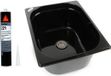 Évier en inox, noir, pour camping. Évier/lavabo avec évacuation extérieure, diamètre évacuation : 150 mm, inclus colle