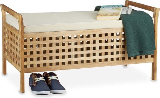 Merkloos Relaxdays Bank met Opbergruimte - Notenhout - Met Kussen - 92.6 x 49 x 46.5 cm - Zitbank