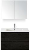 BES LED Porto Badmeubelset 90 cm - Black Oak - Keramische Wastafel Wit Slim met Spiegelkast