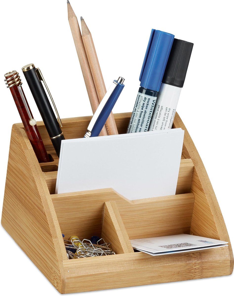 Relaxdays pennenbakje bamboe - bureau organizer - bureaustandaard - houten pennenhouder - lichtbruin