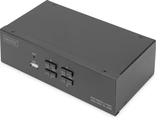Digitus KVM Switch HDMI – 4-poorts dubbel scherm – 4 PC 2 Monitoren – 1x Muis, Toetsenbord & Audio voor 4 Computers – UHD 4K@30Hz (3840 x 2160p) – Hot-Key KVM Switch – 1x USB 2.0 Hub – Zwart
