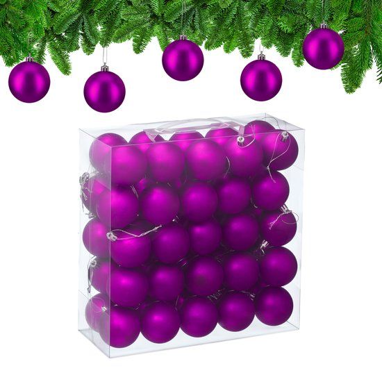 Relaxdays kerstballen set van 50 - Ø 6 cm - mat - kunststof - paars