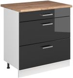 Vicco R-Line meuble bas de cuisine, anthracite brillant/blanc, 80 cm avec 3 tiroirs plan de travail chêne doré