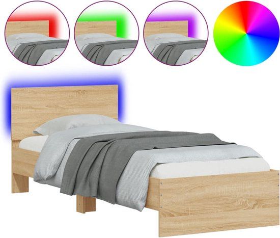 vidaXL Bedframe met hoofdbord en LED, Sonoma eikenkleurig, 75x190 cm