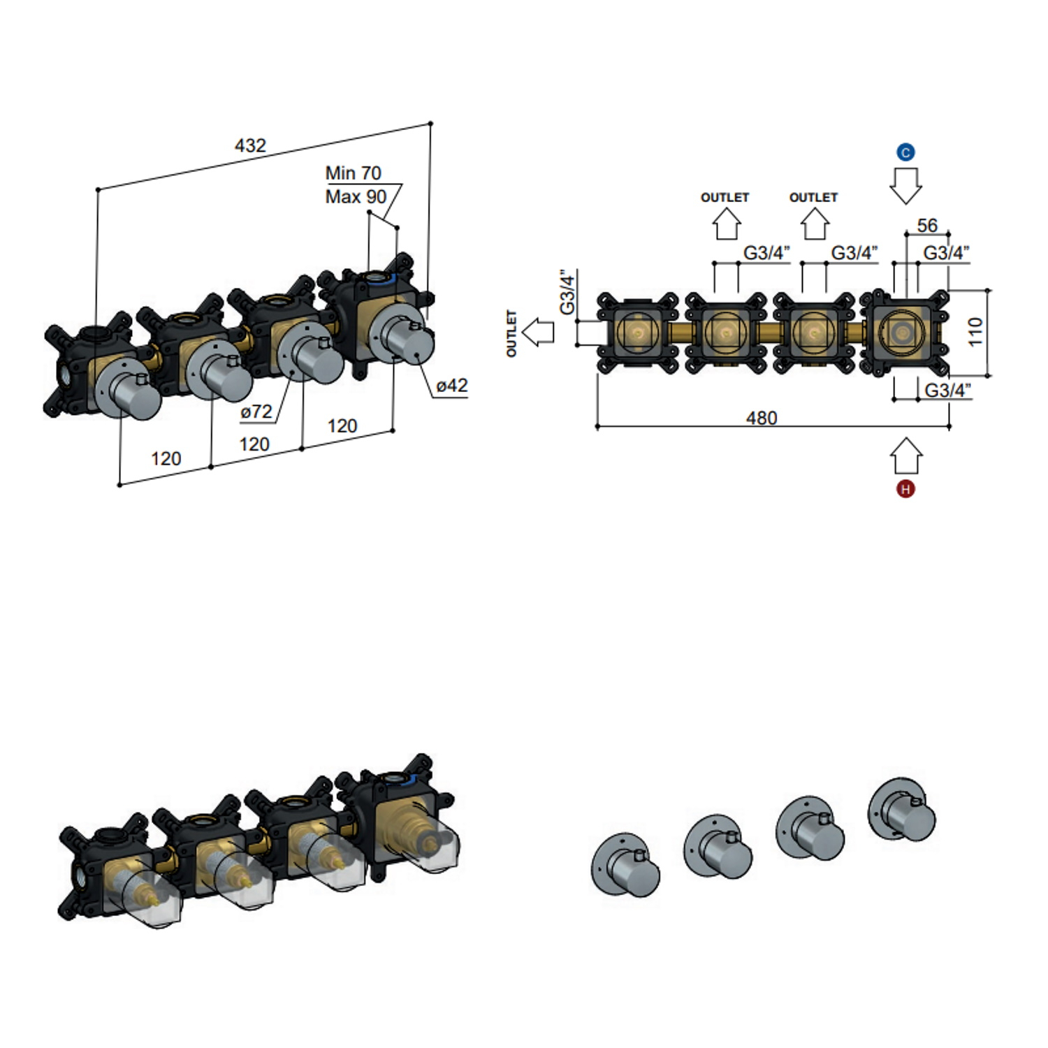 hotbath Inbouwdeel douchethermostaat hotbath cobber met 3 stopkranen horizontaal en verticaal zwart chroom